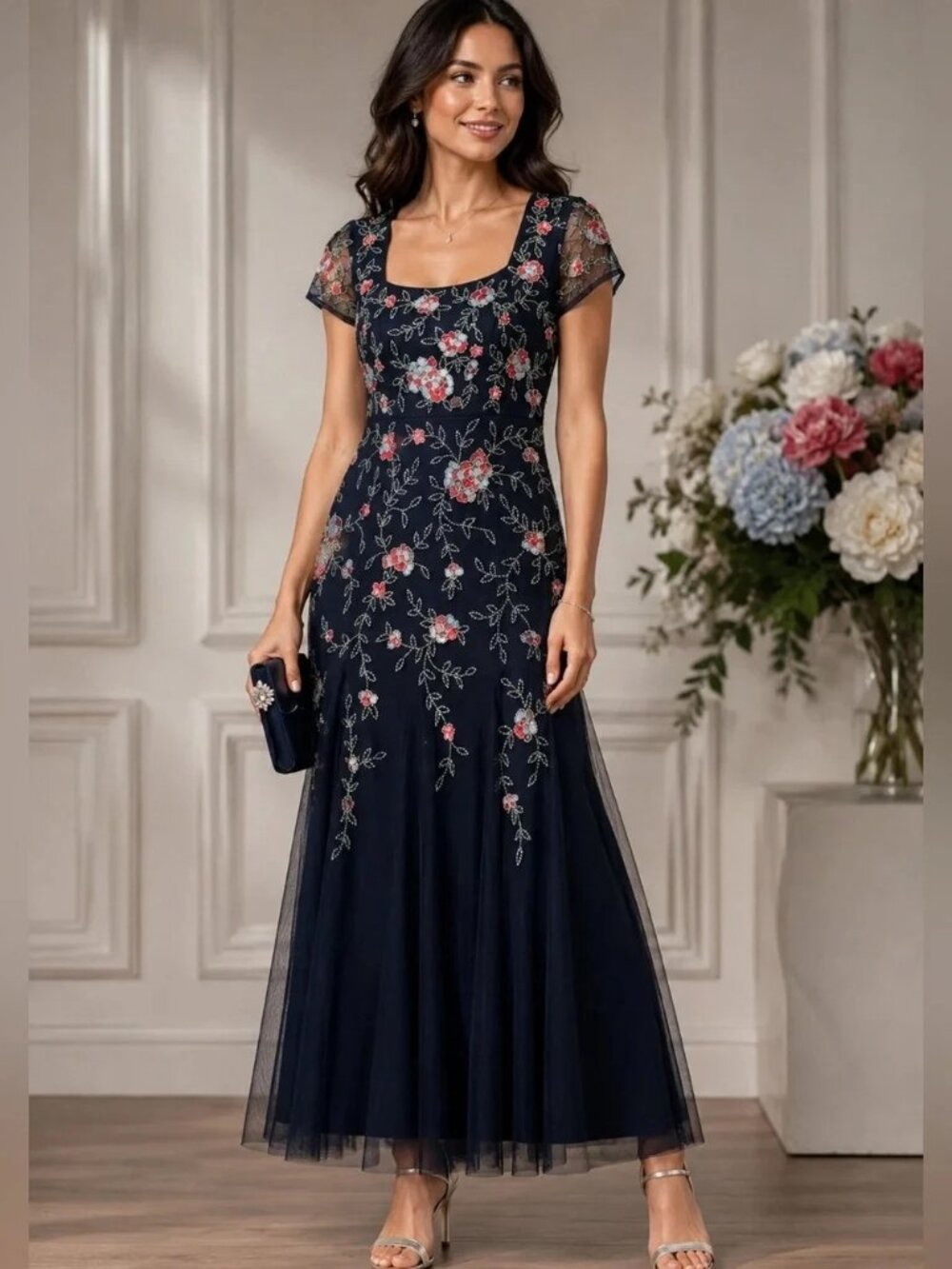 Adrianna Papell Midnight Blue Multi Floral Beaded Sequin Mesh Gown